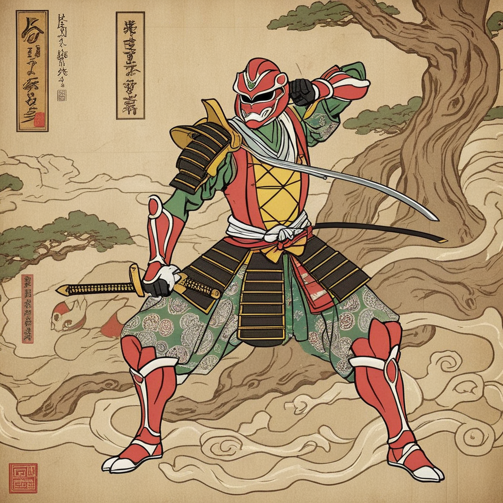The illustration showcases a figure resembling a Power Ranger, but it's deeply rooted in traditional Japanese aesthetics, particularly the Ukiyo-e art style. The character is bedecked with intricate patterns and adornments that echo samurai armor and attire. The overall color palette and detailing exude a rich, classical feel. The background, reminiscent of aged parchment or perhaps old scrolls, complements the Ukiyo-e-inspired ambiance. This melding of iconic childhood hero with ancient artistry beautifully fuses elements of both the past and the imaginative present., <lora:ukiyoe:0.75>