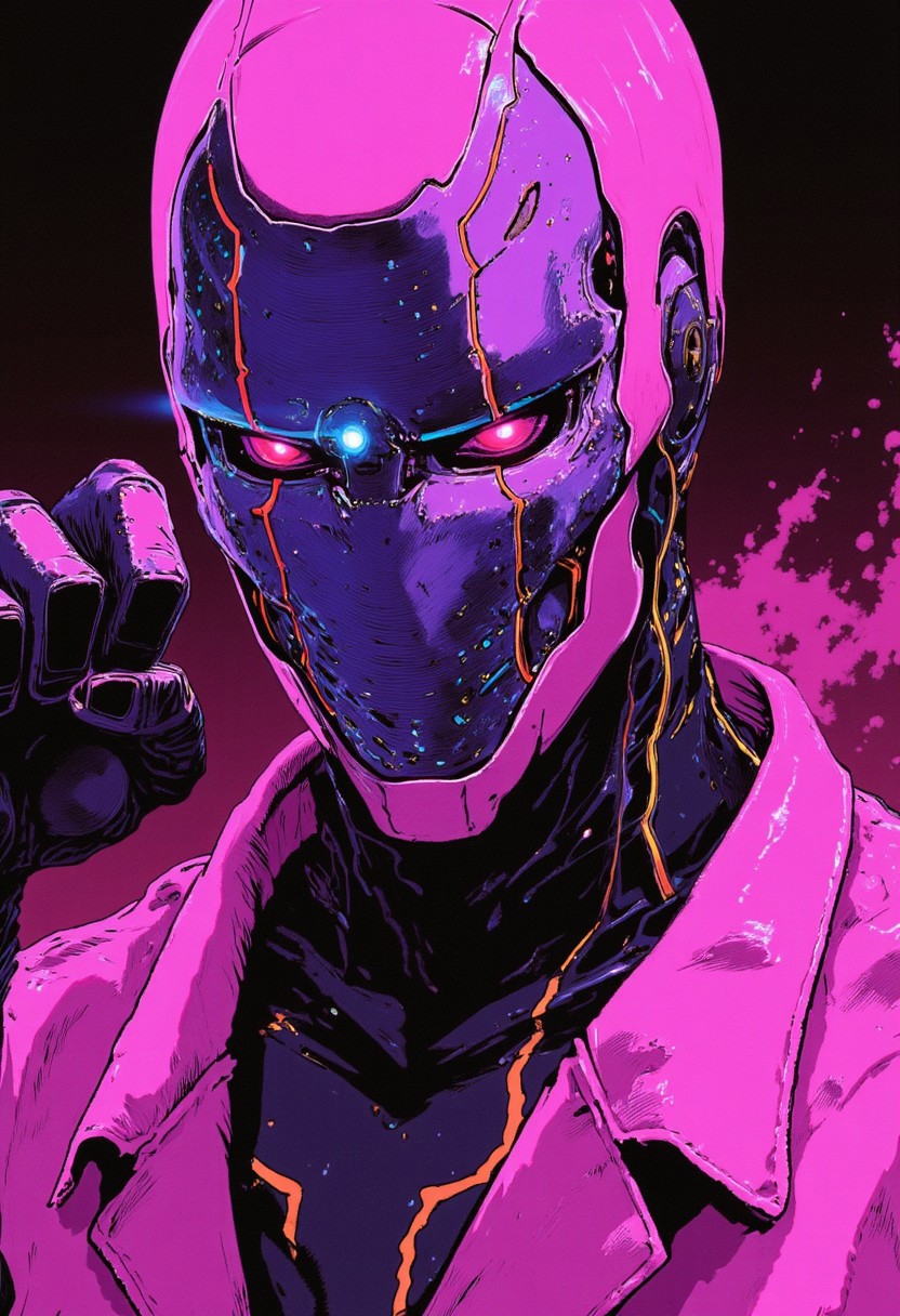 Dynamic action pose, hand raised in a dramatic stance, an electrifying fight scene with floating neon dust, high-budget anime sequence, pastel-neon vaporwave aesthetic, extreme close-up of a bubblegum cyber ninja, sleek pink-and-purple cybernetic mask with glowing circuits, intricate holographic armor with shifting colors, ultra-detailed iridescent high-collar plating, cinematic lighting, soft neon reflections on glossy surfaces, hyperrealistic bokeh macro shot, 64-megapixel DSLR