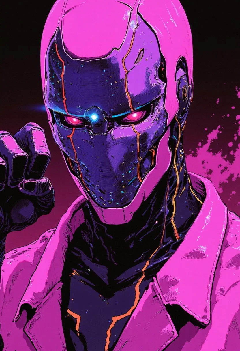 Dynamic action pose, hand raised in a dramatic stance, an electrifying fight scene with floating neon dust, high-budget anime sequence, pastel-neon vaporwave aesthetic, extreme close-up of a bubblegum cyber ninja, sleek pink-and-purple cybernetic mask with glowing circuits, intricate holographic armor with shifting colors, ultra-detailed iridescent high-collar plating, cinematic lighting, soft neon reflections on glossy surfaces, hyperrealistic bokeh macro shot, 64-megapixel DSLR