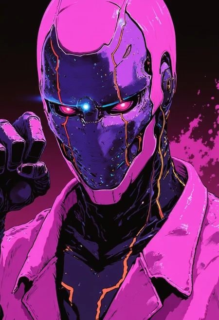 Dynamic action pose, hand raised in a dramatic stance, an electrifying fight scene with floating neon dust, high-budget anime sequence, pastel-neon vaporwave aesthetic, extreme close-up of a bubblegum cyber ninja, sleek pink-and-purple cybernetic mask with glowing circuits, intricate holographic armor with shifting colors, ultra-detailed iridescent high-collar plating, cinematic lighting, soft neon reflections on glossy surfaces, hyperrealistic bokeh macro shot, 64-megapixel DSLR