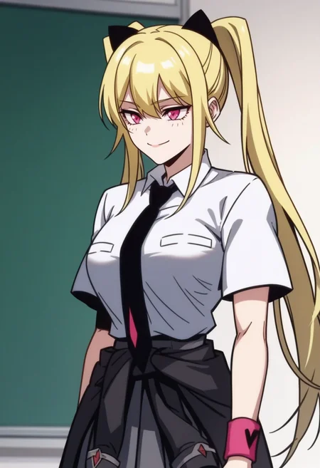 score_9, score_8_up, score_7_up, source_anime,anime screencap, anime coloring,intricate details,rating_safe, masterpiece, best quality,
(best quality, absurd res, ultra detailed),1girl, ((solo)), good eyes,perfect eyes,,detailed eyes, zPDXLxxx , zPDXL3,detailed, detailed face, <lora:add-detail-xl:3>,
BREAK
<lora:Rachel:0.8>, Rachel, 1girl, pink eyes, , blonde hair, twintails, hair ornament,
school uniform, white shirt, necktie, wristband, jacket around waist, clothes around waist, pleated skirt,
BREAK
solo, standing, 
smirk,
