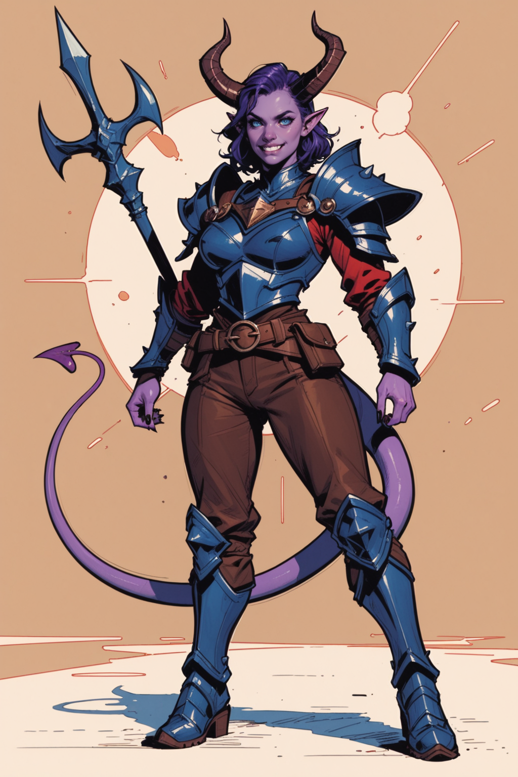 1girl, horns, tail, solo, pointy ears, brown pants, colored skin, pants, breasts, armor, shoulder armor, full body, blue eyes, medium hair, boots, looking at viewer, purple hair, demon tail, knee boots, purple skin, black nails, brown background, belt, pauldrons, standing, shirt, demon horns, demon girl, medium breasts, simple background, smile, jewelry, long sleeves, large breasts, armored boots, nail polish, colored sclera, <lora:Expressive_H:0.5>, score_9, score_8_up, score_8_up, a_Comic_Illustration, rough lines with ink, (drawn:1.1), (sketch:1.5), (crosshatching:1.25), (comic style:1.1), graphic novel style, sharp lines, hires, zstyle, (western comics \(style\):1.1), (hatching \(texture\):1.2), zPDXL, Mr_Monster_Possitive