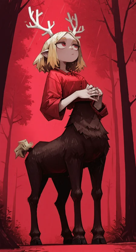 masterpiece, best quality, good quality, very awa, newest, highres, absurdres, 1girl, solo, blonde hair, tail, horns, tree, own hands together, monster girl, red background, nature, forest, light rays, antlers, red theme, taur, hooves, centauroid, haiz_ai, 0huton_illu,
drawing_style, <lora:illustriousXL_stabilizer_v1.23:0.3> <lora:NOOB_vp1_detailer_by_volnovik_v1:0.3> <lora:ponyv6_noobE11_2_adamW-000017:0.3> <lora:drawing_style_illustriousXL:0.39999999999999997> <lora:96YOTTEA-WAI:1> <lora:0hu_ton:0.85> <lora:haiz_ai_illu:1> <lora:namukijpg_ill:0.85>