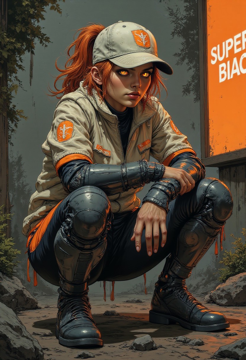 illustration, close-up, comics style, By Phandigrams
Poster, sketch, close-up, sketch, fine lines and shadows,  Illustration style.
( colored illustration with a bold black outline :1.2), Cyberpunk female android, young adult, with vibrant orange hair in a ponytail.  Sharp, detailed mechanical features on the arms and legs, contrasted by an off-white,  faux-leather jacket with bright orange accents.  Intense, glowing orange eyes in a neutral expression, suggesting a calm, yet alert disposition.  Mech-like, segmented arms and hands, and metallic, dark gray-black armor plating.  A simple, distressed white baseball cap with a large, glowing orange logo.  The figure is in a dynamic, three-quarter pose, slightly angled, with the arms bent, suggesting a casual stance, while her pose is neutral but poised.  Distressed, dark-gray backdrop; a hint of lush, shadowy foliage and rocks in the background. A  bright, orange billboard-like sign with white text on the right background. Detailed,  realistic lighting and shading, showcasing the metallic surfaces.  Style: Cyberpunk, futuristic, anime, with a hint of surrealism and detailed design.  Sharp, focused composition; a slightly low-angle perspective showcasing the figure from mid-thigh up.  Focus on sharp contrast between the warm, vibrant colors and cool, metallic elements.  Atmospheric and serene, while conveying a sense of futuristic technology.