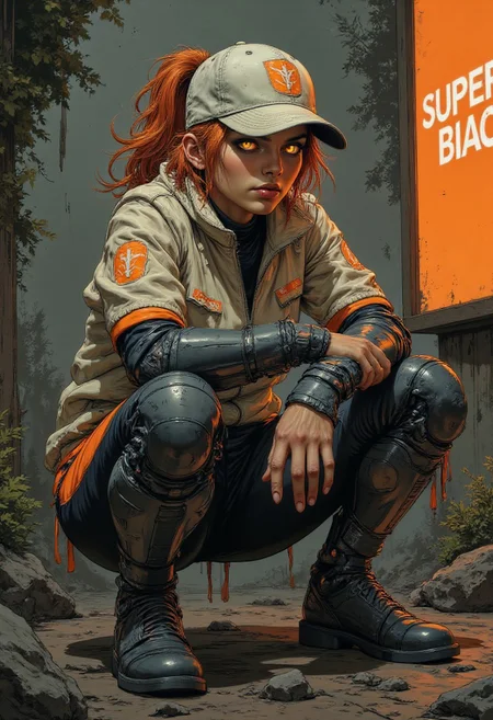 illustration, close-up, comics style, By Phandigrams
Poster, sketch, close-up, sketch, fine lines and shadows,  Illustration style.
( colored illustration with a bold black outline :1.2), Cyberpunk female android, young adult, with vibrant orange hair in a ponytail.  Sharp, detailed mechanical features on the arms and legs, contrasted by an off-white,  faux-leather jacket with bright orange accents.  Intense, glowing orange eyes in a neutral expression, suggesting a calm, yet alert disposition.  Mech-like, segmented arms and hands, and metallic, dark gray-black armor plating.  A simple, distressed white baseball cap with a large, glowing orange logo.  The figure is in a dynamic, three-quarter pose, slightly angled, with the arms bent, suggesting a casual stance, while her pose is neutral but poised.  Distressed, dark-gray backdrop; a hint of lush, shadowy foliage and rocks in the background. A  bright, orange billboard-like sign with white text on the right background. Detailed,  realistic lighting and shading, showcasing the metallic surfaces.  Style: Cyberpunk, futuristic, anime, with a hint of surrealism and detailed design.  Sharp, focused composition; a slightly low-angle perspective showcasing the figure from mid-thigh up.  Focus on sharp contrast between the warm, vibrant colors and cool, metallic elements.  Atmospheric and serene, while conveying a sense of futuristic technology.