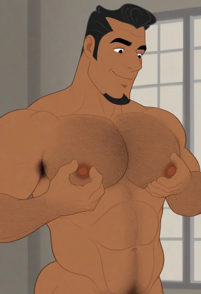 Anina, solo, smile, short hair, black hair, 1boy, navel, nipples, upper body, nude, dark skin, stomach, completely nude, window, muscular, facial hair, abs, dark-skinned male, thick eyebrows, pectorals, muscular male, bara, large pectorals, meme, sideburns, mature male, nipple tweak, grabbing own breast, chest hair, navel hair, armpit hair, arm hair, hairy, male focus, cartoon