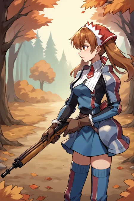 score_9, score_8_up, score_7_up, score_6_up, source_anime, BREAK 1girl, solo <lora:vcalicia-pdxl-nvwls-v1-000006:1> vcAlicia, headdress, blue shirt, armor, blue skirt, gloves, thighhighs, autumn, forest, holding rifle, gun, looking to the side, serious