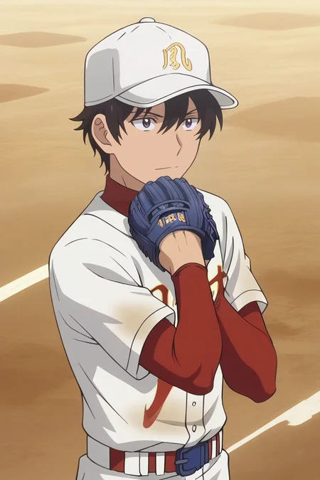 zPDXL2,<lora:Akira_Nishina:1>,akira nishina,1boy,male focus,solo,baseball mitt,baseball uniform,hat writing,baseball cap,adjusting headwear,baseball,upper body,clothes writing,holding ball,baseball \(object\),red turtleneck,short over long sleeves,white t-shirt,anime screenshot,