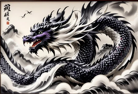 score_9, score_8_up,
blackberryworld, breathtaking sumi-e painting,
asian flying dragon painted , cloudy sky painted, thunder striker painted, monochrome, heavy ink, tapered line ends, simple background, blackberry ornate border