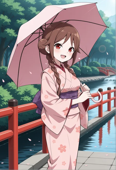 masterpiece,best quality,amazing quality, anime coloring, flat colors,
<lora:NoobV065sHyperDmd:.5>,
<lora:tachibana_yuzuki_meipaws:.9> 1girl, japanese clothes, holding umbrella, pink kimono, smile, brown hair, river, outdoors, purple sash, hair bun, bridge, open mouth, :d, twin braids, print kimono, looking at viewer, water, day, blush, double bun, railing, wide sleeves, pink umbrella, red eyes, standing, long sleeves, lens flare, braided bun, bush, petals, stream, parasol, pond, breasts, low twin braids