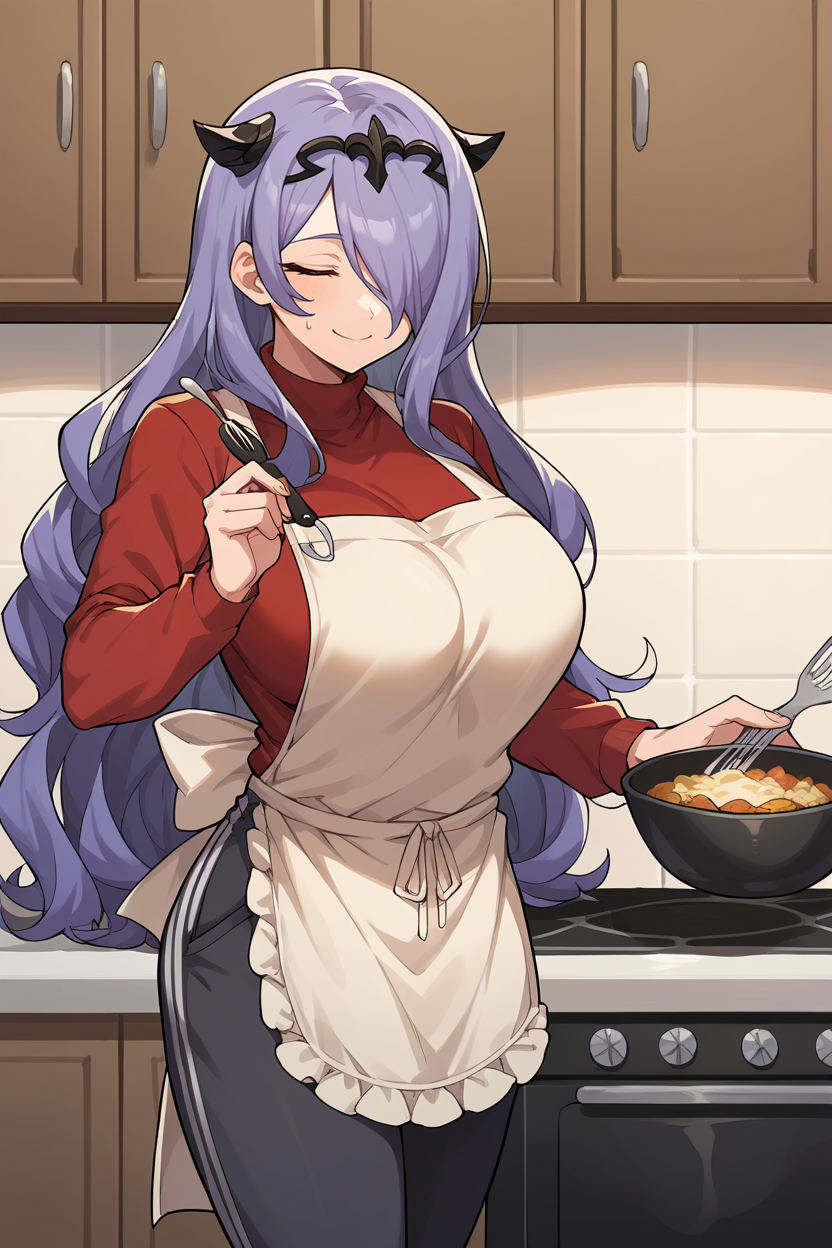score_9, score_8_up, source_anime, 1girl, solo, <lora:camilla-pdxl-nvwls-v1-000005:1> rndCm, hair over one eye, black tiara, red sweater, apron, kitchen, large breasts, sweatpants, smile, closed eyes, cooking