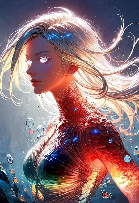 (score_9, score_8_up), score_7_up, zPDXL, solo, <lora:MythAnim3Style:0.8>, MythAn1m3,  source_anime, 1girl, mermaid, dark mysterious backgroud, Iridescent eyes, aquatic scene, dreamlike atmosphere, mystical, ethereal light, detailed textures, whimsical, rippling, dripping, water element, very long cascading hair, water, very beautiful, sexy, sexy body, beautiful body, scales, wet body, Iridescent scales, bubbles, water drops, Iridescent skin, multi colored eyes, partially underwater shot, watce, bioluminescent skin, bioluminescent, glowing, bioluminescent scales, bioluminescent hair,  FastNegativeV2, laser light clothes, submerged breast, water line on lense, view from under water, light hair