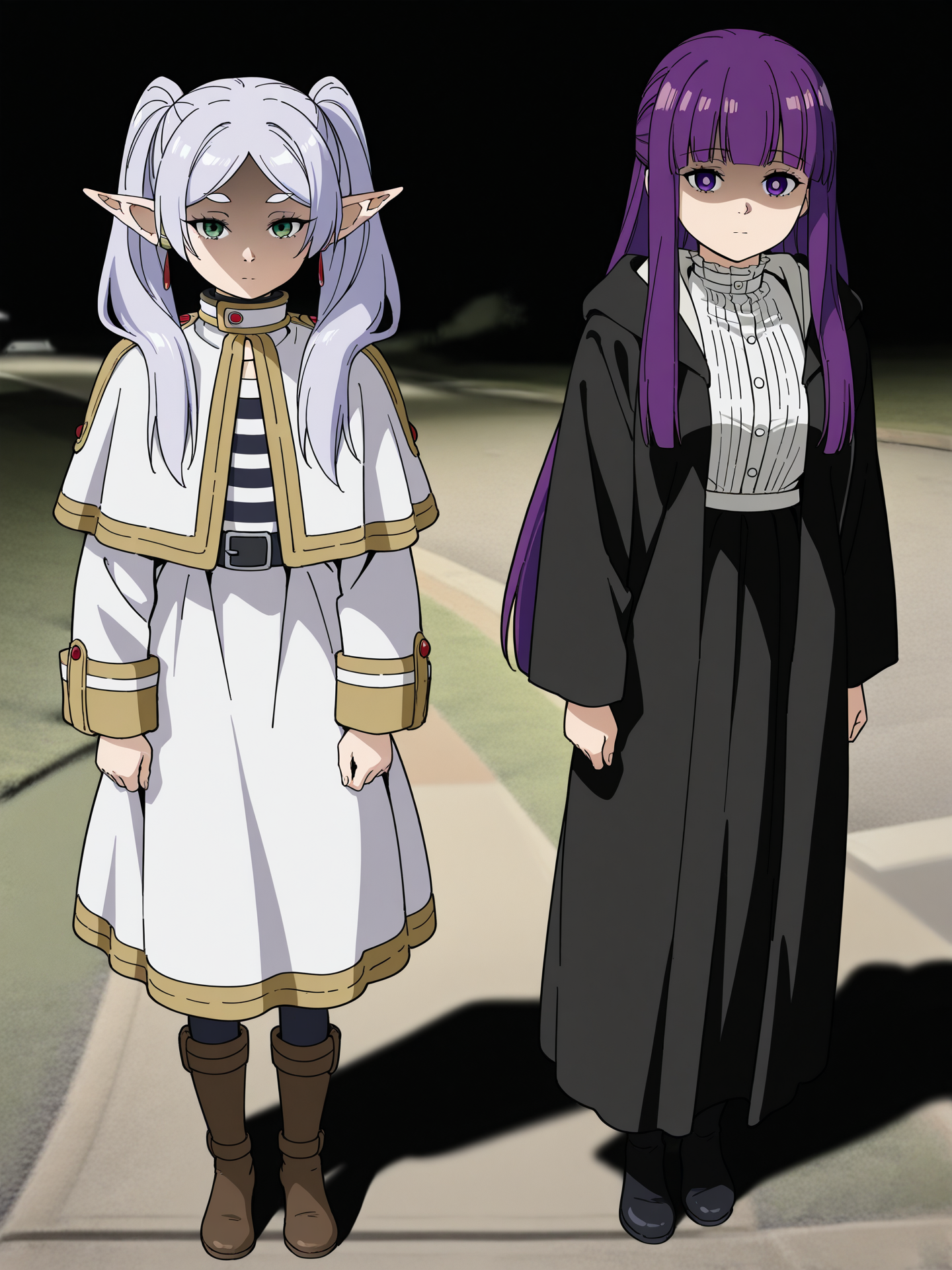 highres, hi res, best quality, masterpiece, 2d, intricate details, 4k, anime coloring, uncensored, shaded, shadow, countershading,
2girls,  eyelashes, nose, bangs, blunt bangs, long hair, purple eyes, purple hair, fern \(sousou no frieren\),
2girls, eyelashes, nose, white hair, silver hair, pointy ears, twintails, parted bangs, long hair, green eyes, frieren, sousou no frieren,
official costume, 
standing, full body, outdoors, why dis ninja look so mad \(meme\), sisters, shaded face,
depth of field, black background, <lora:Madness_ILXL:1>,