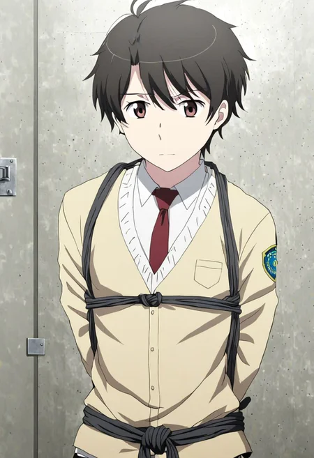 high resolution, solo, best quality, 1Boy, Inaho Kaizuka, Black Hair, Brown Eyes, arrested, restrained, struggling, tied, interrogation, interrogation room, OverallDetail