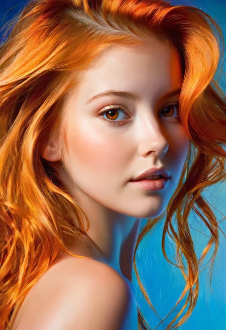 A hyper-realistic portrait of a young woman, focusing on her upper body, with vibrant orange hair cascading down her shoulders, and warm light brown eyes that seem to mesmerize, set against a soft, gradient blue background that subtly complements her striking features, with delicate, golden lighting accentuating the contours of her face and the flow of her hair, in the style of a detailed, digital painting with an ultra-detailed texture, capturing the essence of her presence with precision and depth.