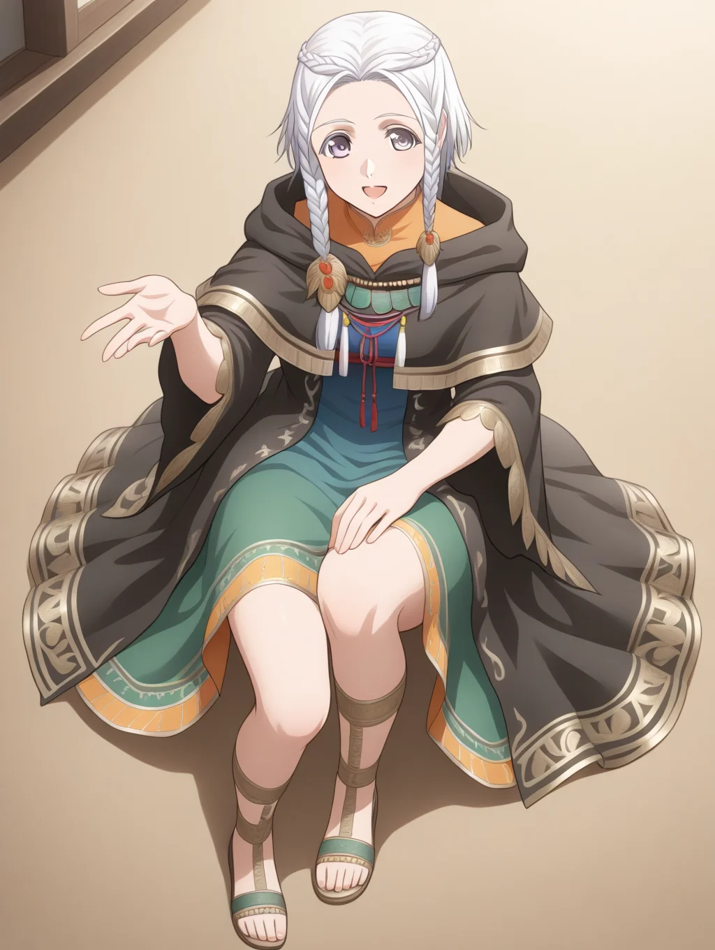 perfect quality,best quality,absolutely eye-catching,ambient occlusion,raytracing BREAK
1girl,<lora:amina IL v1.1:0.8>,amina,braid,white hair,black cloak,dress,sandals,national costume,, from_outside,portrait,on back,beckoning,arm_support,hand_on_own_knee,