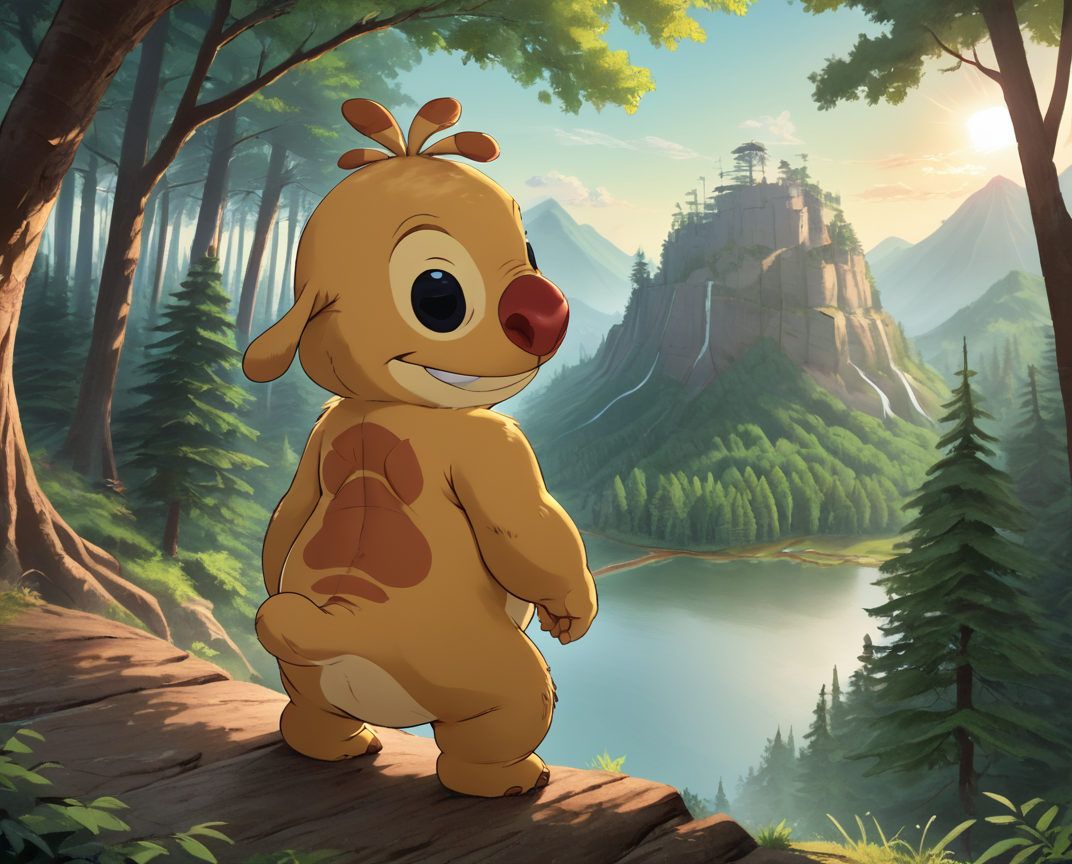 score_9, score_8_up, score_8,     <lora:reuben_625_for_ponyxl:0.8>  1boy, reub3n, black eyes, smile, tail, solo, rear view, overlooking forest, scenery, sunshine