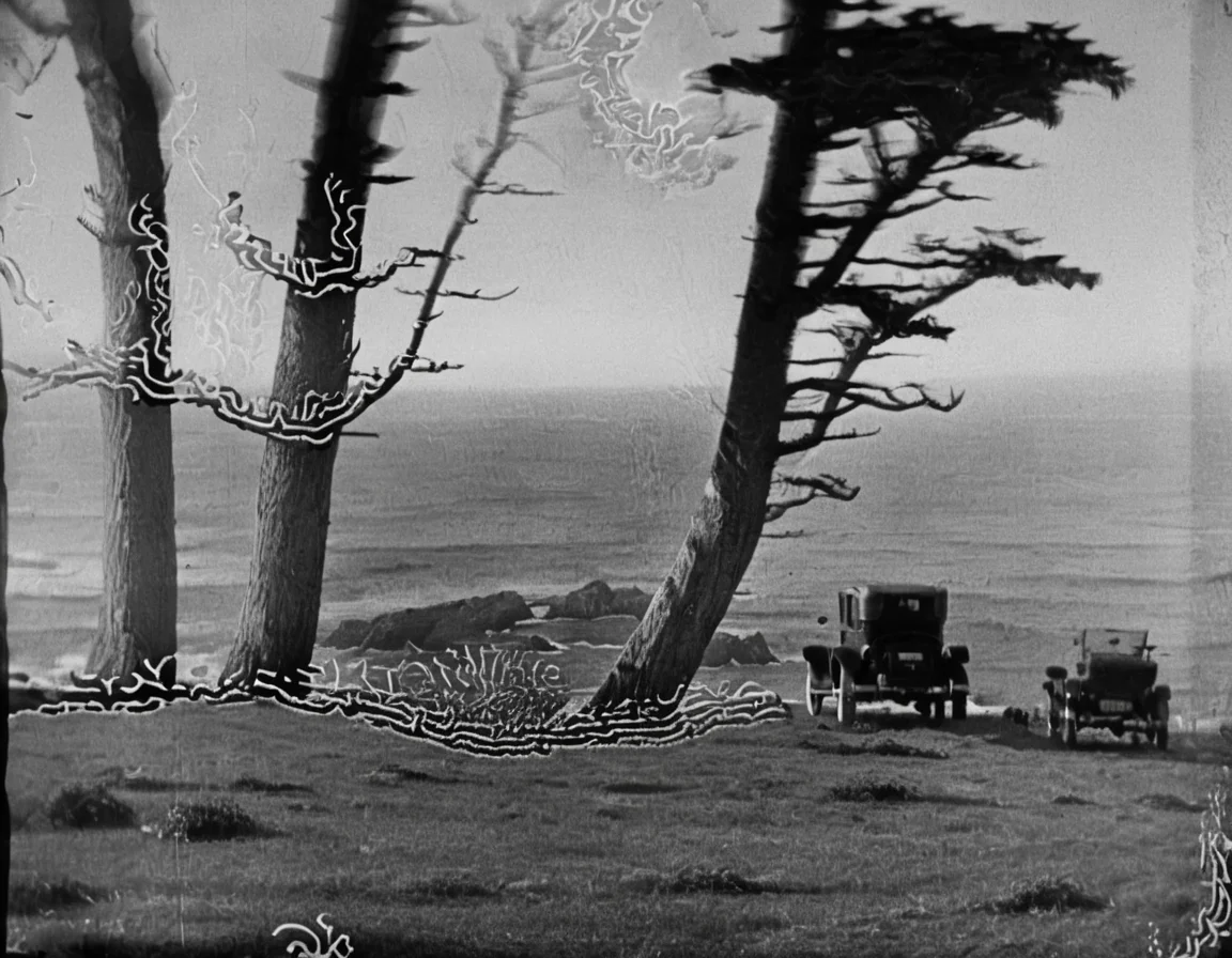 <lora:fdec:0.8>fdec car parked on edge of cliff by ocean with trees
photograph from 1920s