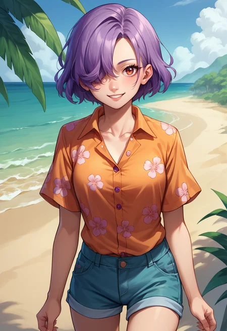 score_9, score_8_up, score_7_up, source_anime, 1girl, solo, erinap5t, short hair, hair over one eye, purple hair, hawaiian shirt, dress shirt, unbuttoned, multicolored shirt, shorts, smile, outdoors, beach, <lora:zs_ErinaXL:1>