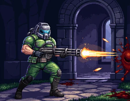 pixel art, doomguy running through dark gothic church at night, gripping a portable M134 Minigun in a hip firing stance. The M134 Minigun is held low, level with his hip, slung and tucked in close, its rotating barrels mounted beneath a sturdy frame, spinning at full speed, unleashing a blinding long conical muzzle flashe and bullet tracers. The trigger and front handle are positioned on top of the frame, requiring him to grip from above, securing control over the immense recoil. His right hand grips the rear handle near the trigger, while his left hand steadies the forward handle atop the frame, bracing against the overwhelming force.
Blood splats coming from outside the frame on the right of the picture.