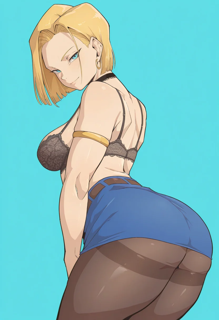 masterpiece, best quality,<lora:owasobi:1> 0w4s0b1,
1girl, solo,
From behind
looking at viewer, light smile,
android 18, blonde hair, short hair, blue eyes,
pantyhose, see-through clothes, miniskirt, lace bra, armlet, choker, hoop earrings,
simple background, Turquoise Blue background,