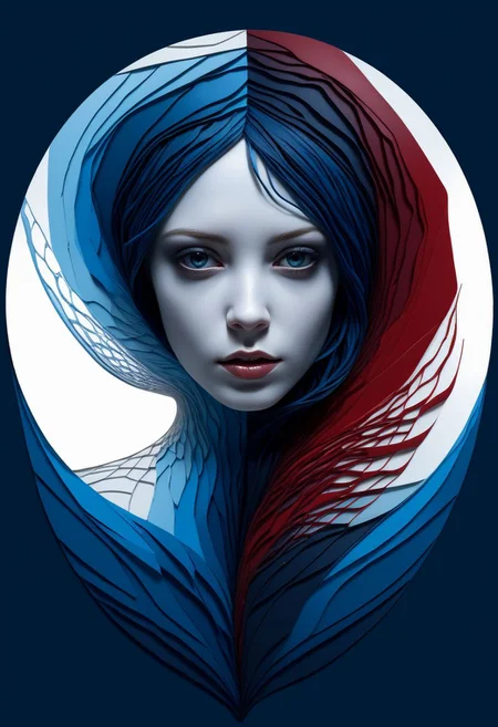 layered papercut, mysterious face, an exotic woman in artsy clothing, fading backlit background, (deep sea fading white to deep blue/red), alluring goddess, by Minjae Lee, Carne Griffiths, Emily Kell, Steve McCurry, Geoffroy Thoorens, Aaron Horkey, Jordan Grimmer, Greg Rutkowski, amazing depth, double exposure, surreal, geometric patterns, intricately detailed, bokeh,  perfect balanced, deep fine borders, artistic photorealism , smooth,  great masterwork by Suiras  <lora:add-detail-xl:2>  <lora:Double_Exposure:0.5>