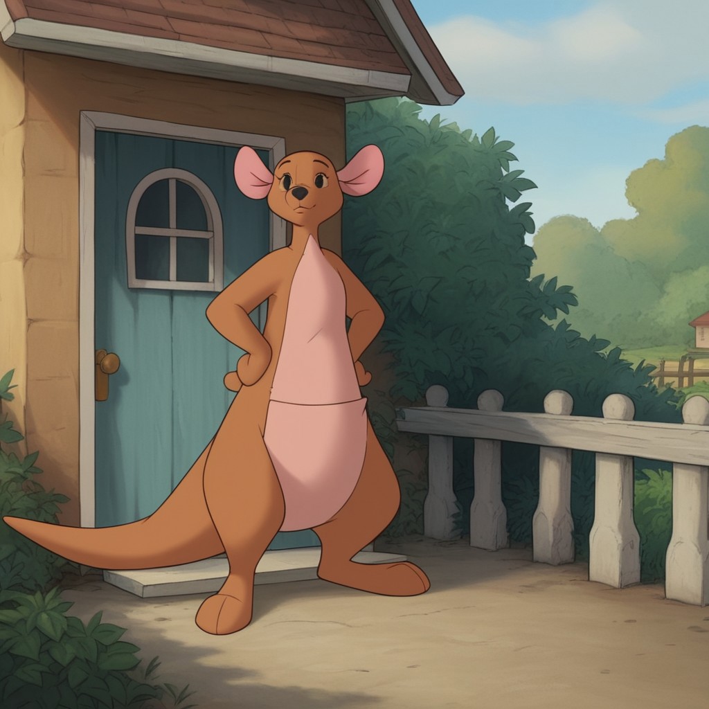 score_9, score_8_up, score_7_up, score_6_up, score_5_up, score_4_up source_furry, WtPKangav2, semi-anthro, female, kangaroo, brown fur, black eyes, standing, outside, house, porch, hands on hips