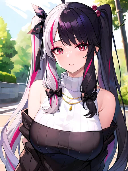 modelshoot style, (masterpiece:1.3), (absurdres:1.3), (best quality:1.3), (8K), (large masterpiece digital art), (detailed manga illustration), (handled hair), pureerosface_v1, perfect anatomy, (sharp eyeliner, eyeshadow, detailed eyes:1.1), (intricate details:1.3), (ultra-detailed:1.3), (illustration:1.3), (sharp focus:1.3), (natural lighting:1.05), (vivid colors:1.3), BREAK <lora:yorumiRenaNijisanji_v1:0.7>, 1girl, solo, yorumi_rena, multicolored hair, red eyes, (grey hair, black hair, split-color hair),(red hair, streaked hair), twintails, hair ornament, ahoge, hair ribbon, bangs, hair bobbles, black bow, large breasts, very long hair, hair bow, , off shoulder, off shoulder sweater, sweater dress, long sleeve, necklace, BREAK outdoors, street