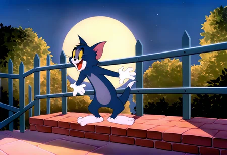 A mhls_cartoon style image,Tom the cat,displaying an excited expression,stands on a brick - edged platform under a night sky featuring a full moon. He is positioned near a trellis adorned with greenery,with a fence and bushes visible in the background,all illuminated by the soft light of the moon.,
masterpiece,amazing quality,best quality,clear background,