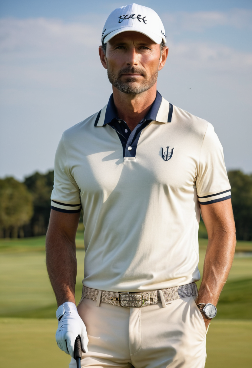 raw photo, half body, beautiful man, 40 years old,  Classic Fashion, plays golf, luxurious outfit