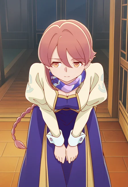 <lora:Yachiyo_illustrious-000028:1>,
Yachiyo,braid,solo,dress,single braid,scarf,long sleeves,closed mouth,puffy sleeves,blue dress,leaning forward,juliet sleeves