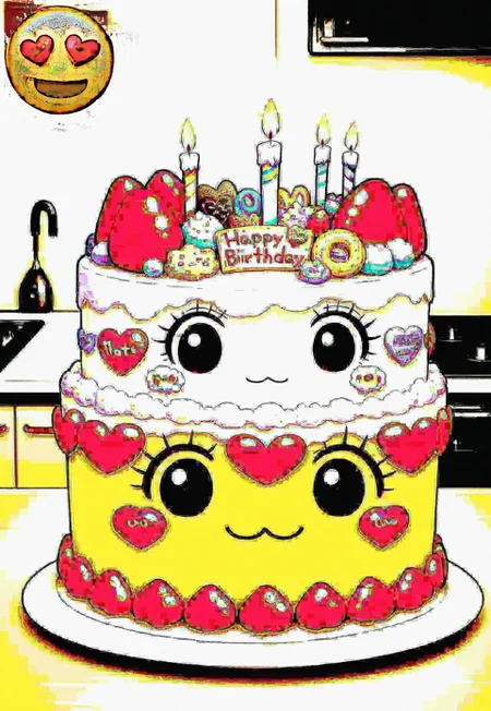 h3art, food, cake, candle, no humans, fruit, strawberry, :3, birthday cake, plate, food focus, tareme, looking at viewer, objectification, kitchen, horror