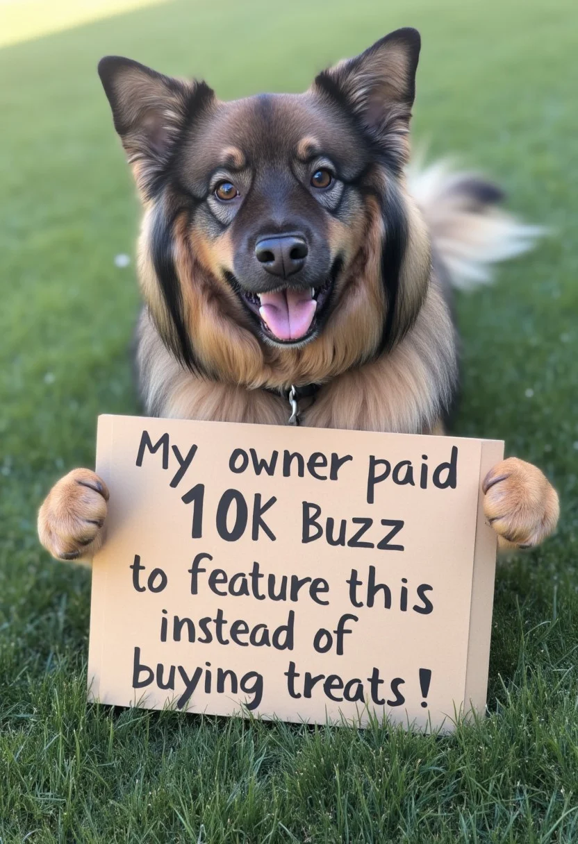 photorealistic, shepherd cross, liathedog, outside, grass, holding up a sign with her paws that says "My owner paid 10K Buzz to feature this instead of buying treats!"