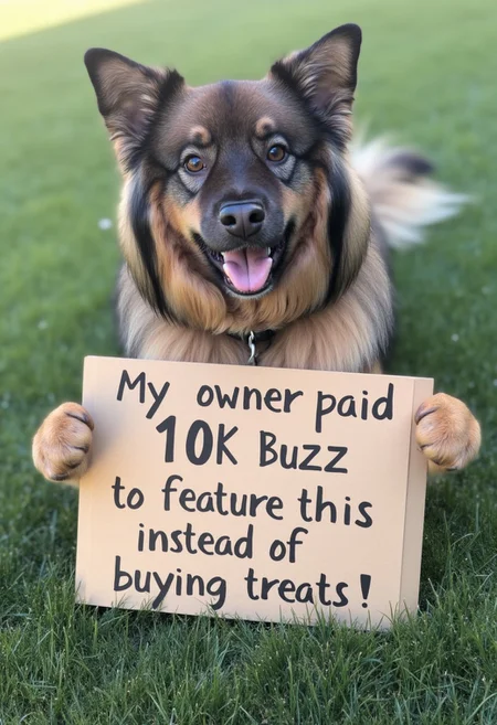 photorealistic, shepherd cross, liathedog, outside, grass, holding up a sign with her paws that says "My owner paid 10K Buzz to feature this instead of buying treats!"
