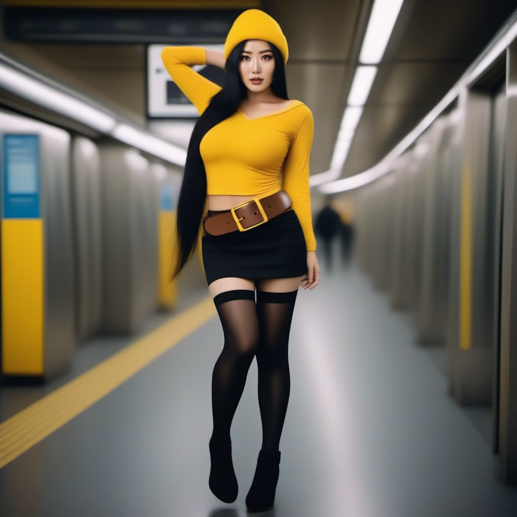 cinematic photo asian  woman with long black hair, ((large breast)), ((brown bobble hat)), wearing a yellow shirt with text ''DOG'', brown belt, (((black hightighs))), black miniskirt, white fur collar, in the subway  <lora:KurohaMitsu1024:0.8> . 35mm photograph, film, bokeh, professional, 4k, highly detailed