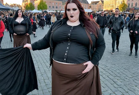 Iphone 16, 8k uhd, soft lighting, huge obese goth woman, heavily pregnant, embarassed expression, true goth girl, heavy makeup, very long hair, much into goth, wearing a tight brown skirt over a diaper, ((bulky diaper stretching the fabric of her skirt from inside)), wearing unbuttoned jacket, huge round pregnancy bump sticking out from the jacket, plus size bbw,
Market square, Candid photo, sunny day, crowd in background, natural play of light