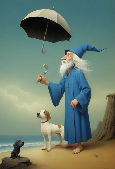 surreal  landscape with a wizard in a blue robe and hat, long white beard, tattered umbrella, leaning into the wind,  dog. style  like Rodney Matthews, victor braune, margaret keane, merete oppenheimer lowbrow art style 8k