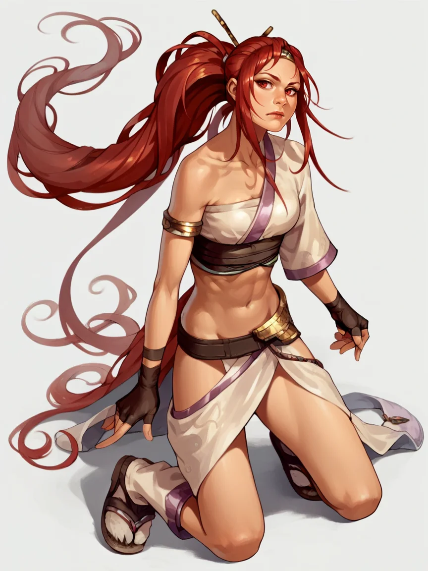 score_9, score_8_up, score_7_up, score_6_up, score_5_up, nariko, 1girl, solo, very long hair, red hair, midriff, gloves, ponytail, fingerless gloves, sandals, white background, simple background, kneeling, red eyes, <lora:NarikoXLP3:1>