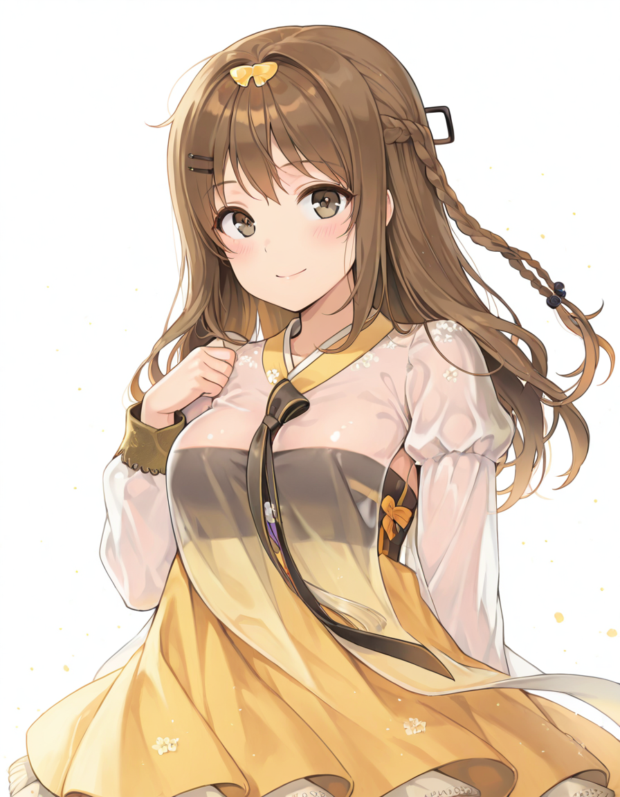 Volumetric Lighting, (masterpiece), (best quality), (ultra-detailed), masterpiece, source_anime, score_9, score_8_up, score_7_up BREAK, illustration, disheveled hair, detailed eyes, perfect composition, moist skin, intricate details BREAK, K2, brown hair, long hair, brown eyes BREAK, far east princess, FEP_hanbok, see-through skirt, layered skirt,K2_hairclip, see-through shirt, K2_hair_ornament, braid, side braid BREAK, ((white background)), looking at viewer,smile,upper body,(((face focused)))