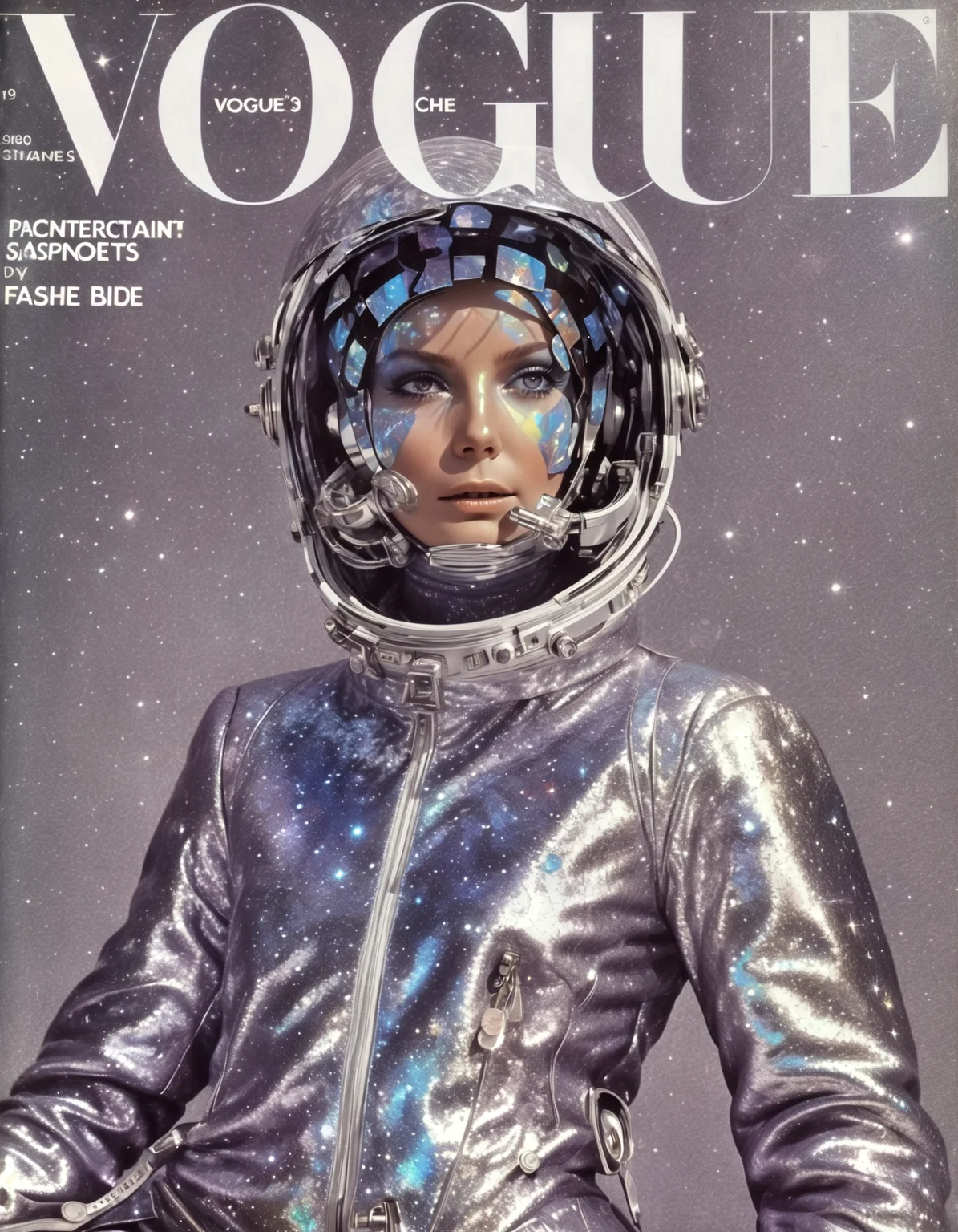 She holographic leather, intergalactic fashion, cosmic vibes, space explorer attire, otherworldly chic, interstellar glamour, Space & Time Fashion Journal, cosmic nebulae.,highly intricate,(VOGUE Cover Magazine:1.15),1968, 60s, black letters, hyper detailed, photorealistic,,