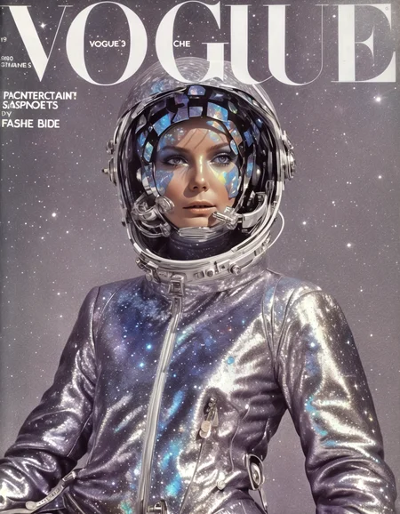She holographic leather, intergalactic fashion, cosmic vibes, space explorer attire, otherworldly chic, interstellar glamour, Space & Time Fashion Journal, cosmic nebulae.,highly intricate,(VOGUE Cover Magazine:1.15),1968, 60s, black letters, hyper detailed, photorealistic,,