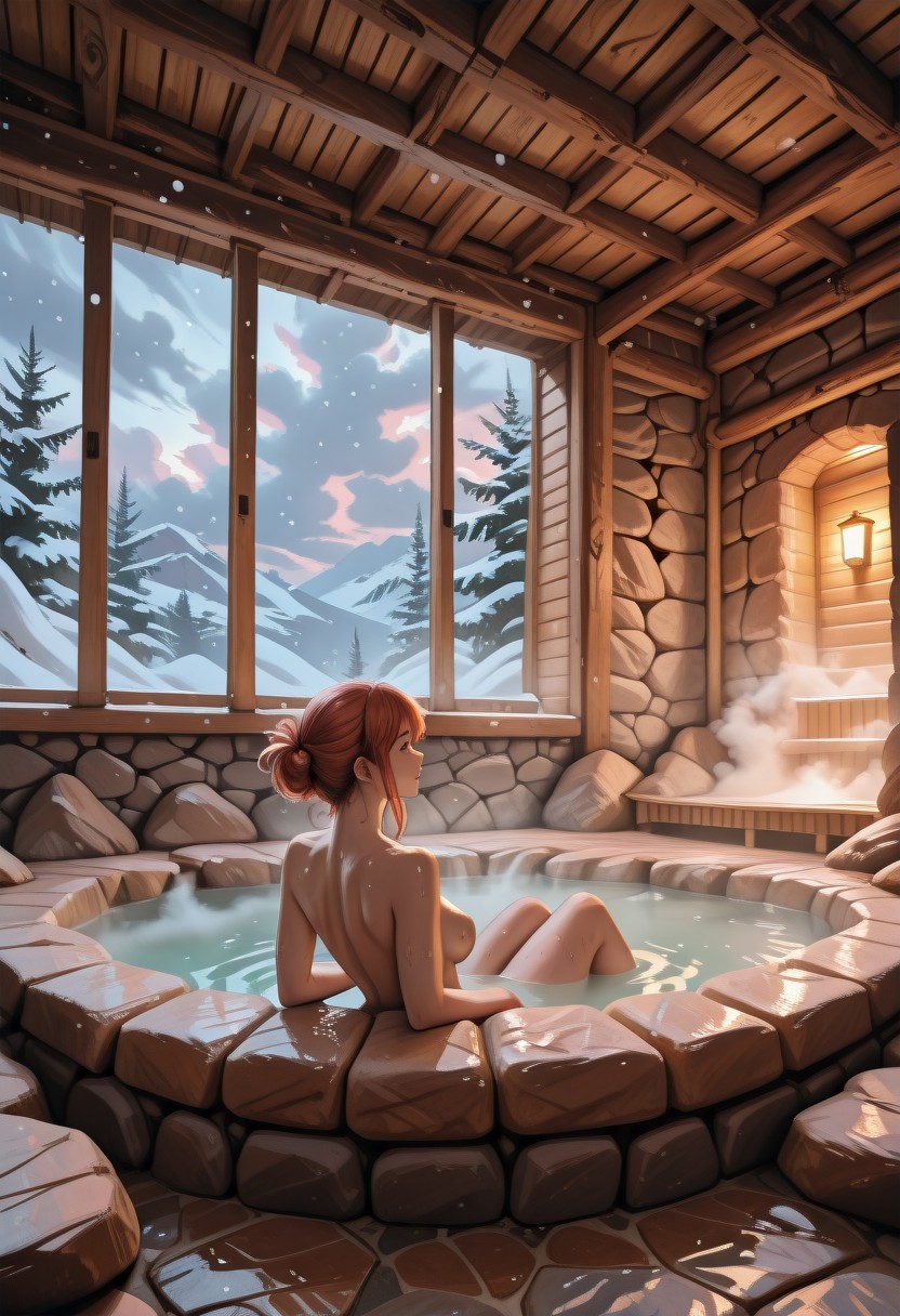 (roofless), over the shoulder view, underneath view, balcony, snowing, onsen, hot spring
windy, steamy, sweaty, very hot room, washing, small clutter, steam rising,
Window, courtyard, sauna, stone sauna, sitting on boulder, rockwall, outdoors, godsrays, clouds, Flora, Fauna, 
SSB, masterpiece, highest quality, trending on artstation,