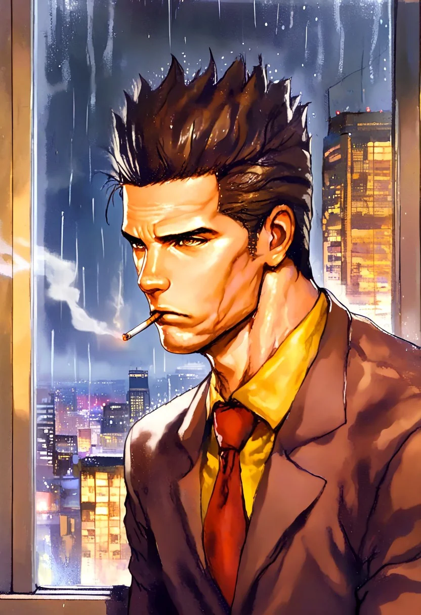 masterpiece, best quality, amazing quality, very aesthetic, absurdres, newest, jhunteribilxl leaning out a window, jhunterilxl, 1boy, male focus, mature male, clean shaven, tall raised hair, brown hair, red necktie, brown suit, toned male, tall, yellow shirt, brown eyes, night, cityscape, serious expression, view from the side, smoking, cigarette, close up, rain, FMIXF, vibrant details,