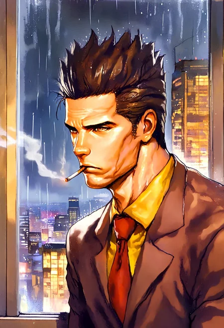 masterpiece, best quality, amazing quality, very aesthetic, absurdres, newest, jhunteribilxl leaning out a window, jhunterilxl, 1boy, male focus, mature male, clean shaven, tall raised hair, brown hair, red necktie, brown suit, toned male, tall, yellow shirt, brown eyes, night, cityscape, serious expression, view from the side, smoking, cigarette, close up, rain, FMIXF, vibrant details,