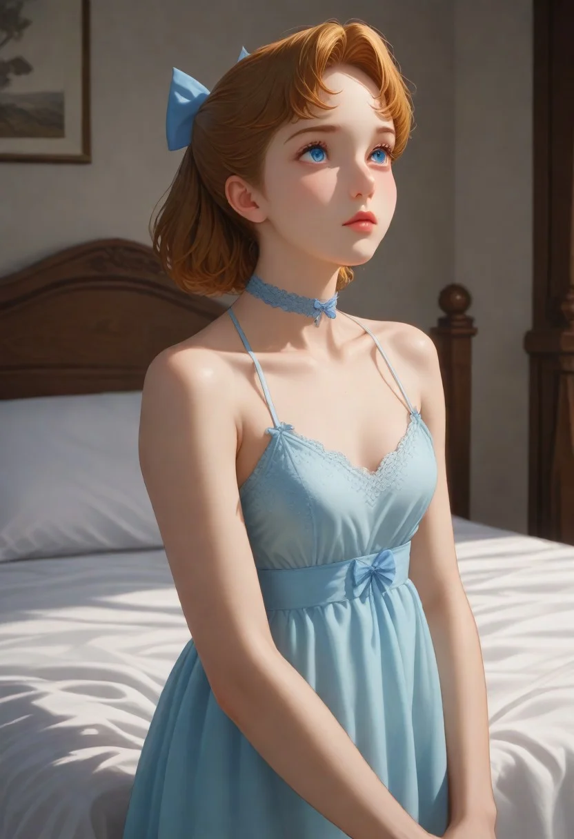Source_anime, masterpiece, best quality, highly detailed, score_9, score_8_up, score_7_up
BREAK
21 years old WendyDarling, 1girl, solo, brown hair, hairbow, blue eyes, lipstick
, flat chest, small breasts,
Blushing, embarrassed, perfectly detailed face and body and eyes, Expressiveh
reij-lcdrss01, blue transparent lace dress, blue ribbon choker, blue hairband, blue flower patterns, spaghetti straps, blue waistribbon
Standing, walking, full body view, side view
Medieval bedroom, medieval bed