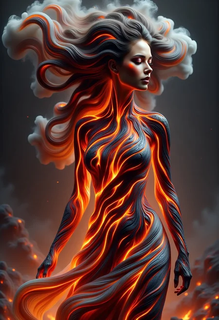 Create a hyper-realistic image of a female lava creature with glowing red eyes. Her hair appears as swirling tendrils of smoke, illuminated in orange by the glow of the lava, ascending and twisting like dense volcanic clouds. Emphasize the intricate fiery details of her molten form, including cracks and patches of cooled, solidified lava, and the otherworldly flow of smoke and embers around her.