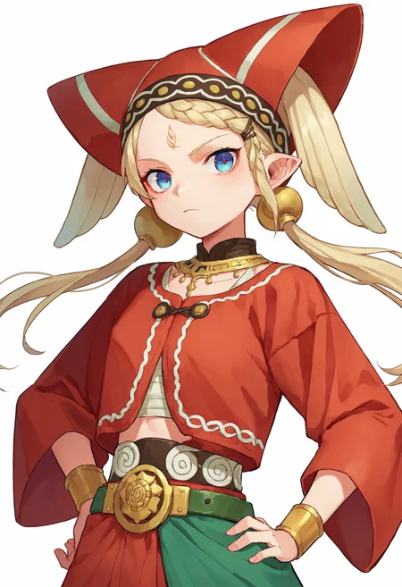 score_9_up score_8_up score_7_up, source_anime, 1girl tilarna exedilika, red headwear hat red dress green dress belt, simple background, white background, hand on hip
<lora:tilarna_exedilika2_pony_d16:1>