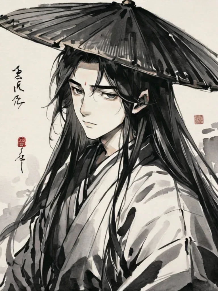 <lora:xl_shuimo-000012:1>,ink wash painting style, solo, male focus, 1boy, hat, long hair, monochrome, upper body, closed mouth, japanese clothes, signature, looking at viewer, black hair
