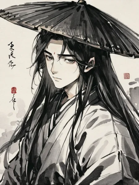<lora:xl_shuimo-000012:1>,ink wash painting style, solo, male focus, 1boy, hat, long hair, monochrome, upper body, closed mouth, japanese clothes, signature, looking at viewer, black hair