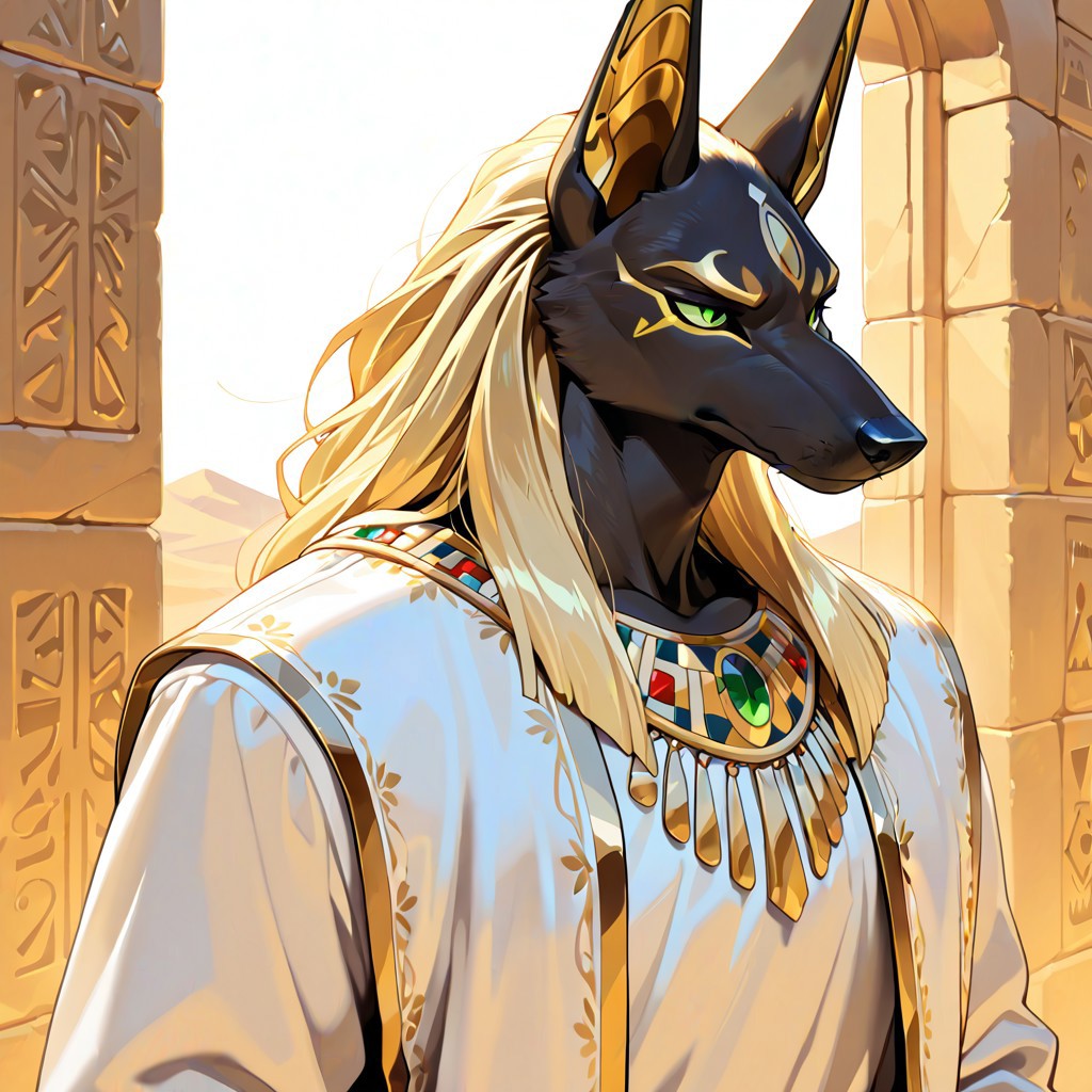 Anubian jackal, male, masterpiece, best quality, green eyes, newest, absurdres, highres, furry, perfect anatomy, egypt, wearing a white duster and western dress clothing, blond died hair, solo